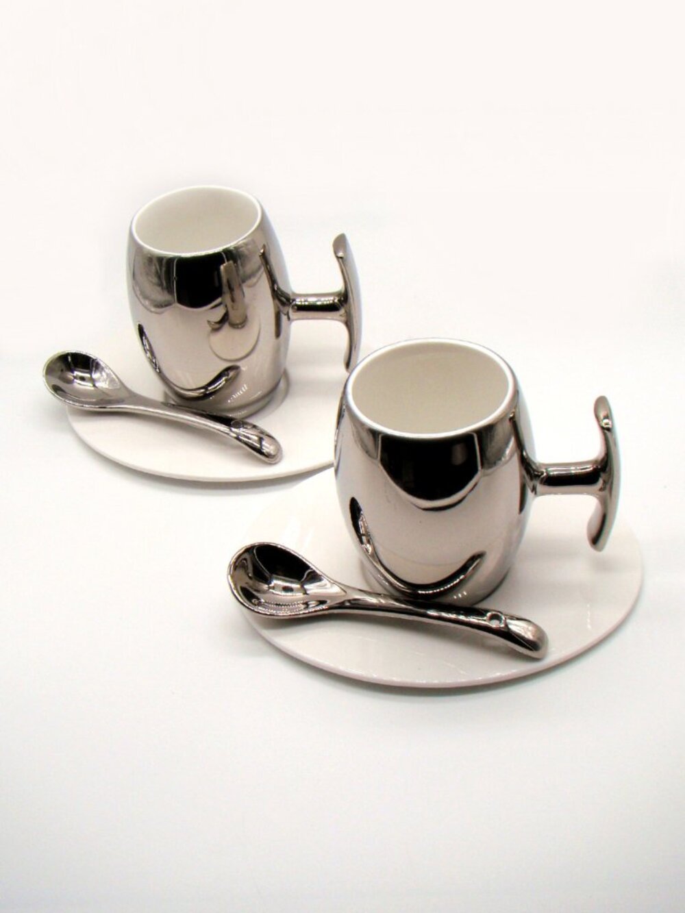 Set of 2 Silver Espresso Cups by Doulton, T Handle Contemporary